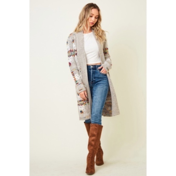 SOLD OUT Oatmeal Rainbow Multi Colored Aztec Tribal Jacquard Open Knit Cardigan - Picture 2 of 10